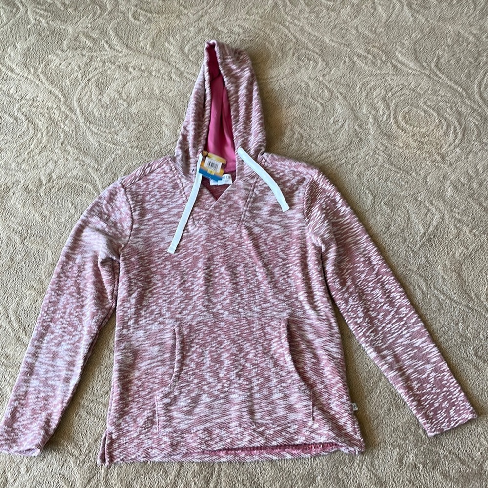 Hang 10 hoodie label the size small color is mauve wood.